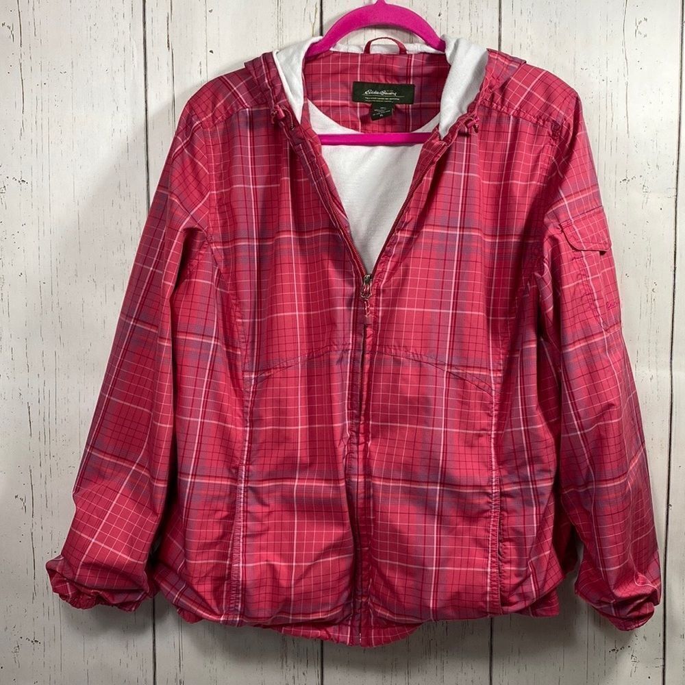Eddie Bauer Pink Plaid Hooded Windbreaker Jacket XL Outdoor Sporty Hiking